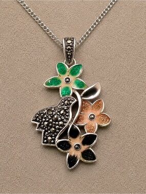 Vintage 925 Sterling Silver Marcasite Bird & Enamel Floral Pendant EUC #638